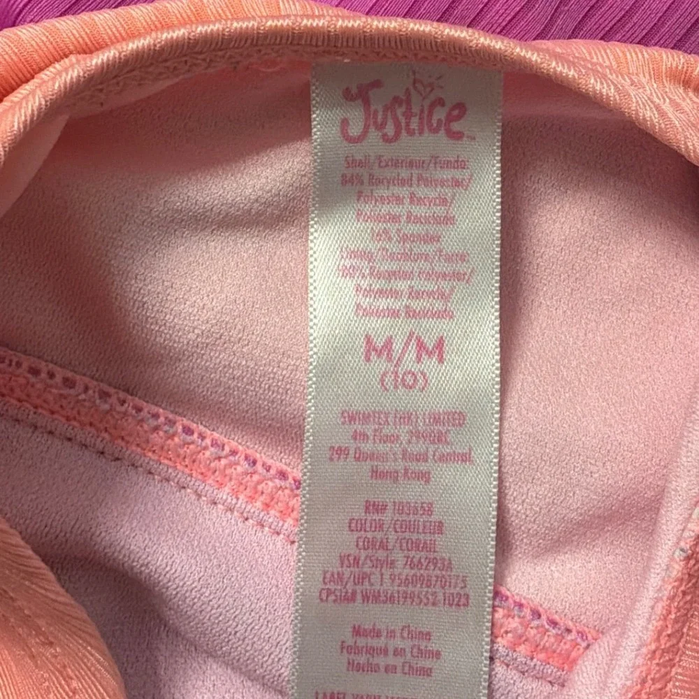Justice Girls Coral Purple Ribbed Colorblock Cutout‎ One Piece Swimsuit Size 10